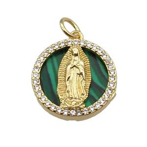 copper circle pendant pave zircon malachite Jesus gold plated, approx 16mm dia [FN30450]