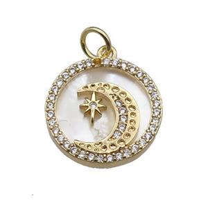 copper circle pendant pave zircon shell Moon gold plated, approx 16mm dia [FN30464]