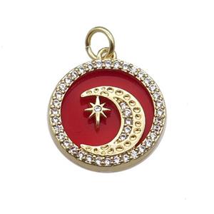 copper circle pendant pave zircon red stone Moon gold plated, approx 16mm dia [FN30466]