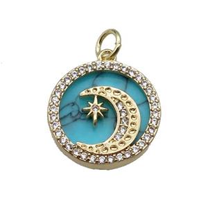 copper circle pendant pave zircon turquoise Moon gold plated, approx 16mm dia [FN30468]