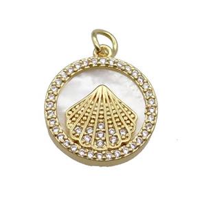 copper circle pendant pave zircon shell Fan gold plated, approx 16mm dia [FN30470]