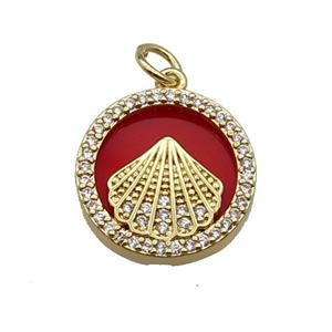 copper circle pendant pave zircon red stone Fan gold plated, approx 16mm dia [FN30472]