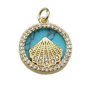 copper circle pendant pave zircon turquoise Fan gold plated, approx 16mm dia [FN30474]