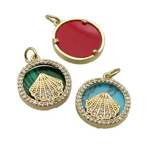mix copper circle pendant pave zircon gemstone Fan gold plated, approx 16mm dia [FN30475]