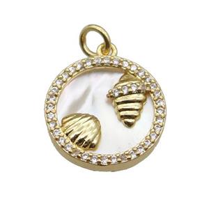 copper circle pendant pave zircon shell Ocean gold plated, approx 16mm dia [FN30476]
