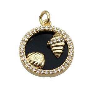 copper circle pendant pave zircon black stone Ocean gold plated, approx 16mm dia [FN30477]