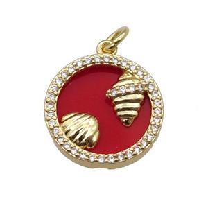 copper circle pendant pave zircon red stone Ocean gold plated, approx 16mm dia [FN30478]