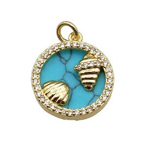 copper circle pendant pave zircon turquoise Ocean gold plated, approx 16mm dia [FN30479]