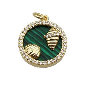 copper circle pendant pave zircon malachite Ocean gold plated, approx 16mm dia [FN30480]