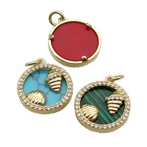 mix copper circle pendant pave zircon gemstone Ocean gold plated, approx 16mm dia [FN30481]