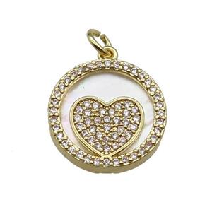 copper circle pendant pave zircon shell Heart gold plated, approx 16mm dia [FN30482]