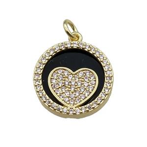 copper circle pendant pave zircon black stone Heart gold plated, approx 16mm dia [FN30483]