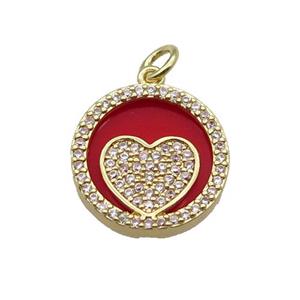 copper circle pendant pave zircon red stone Heart gold plated, approx 16mm dia [FN30484]