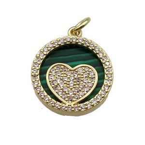 copper circle pendant pave zircon malachite Heart gold plated, approx 16mm dia [FN30485]