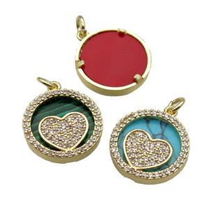 mix copper circle pendant pave zircon gemstone Heart gold plated, approx 16mm dia [FN30487]