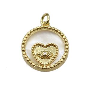 copper circle pendant pave zircon shell Heart gold plated, approx 16mm dia [FN30488]