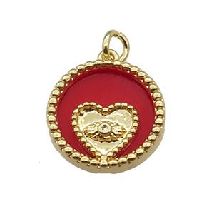 copper circle pendant pave zircon red stone Heart gold plated, approx 16mm dia [FN30490]