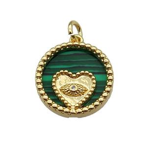 copper circle pendant pave zircon malachite Heart gold plated, approx 16mm dia [FN30492]