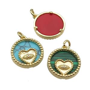 mix copper circle pendant pave zircon gemstone Heart gold plated, approx 16mm dia [FN30493]