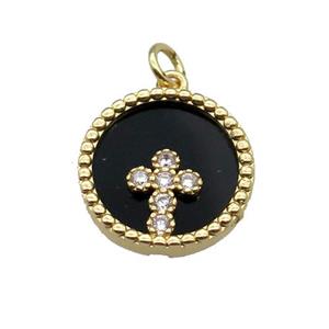 copper circle pendant pave zircon black stone Cross gold plated, approx 16mm dia [FN30495]