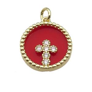 copper circle pendant pave zircon red stone Cross gold plated, approx 16mm dia [FN30496]