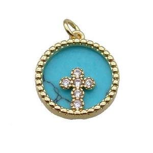 copper circle pendant pave zircon turquoise Cross gold plated, approx 16mm dia [FN30497]