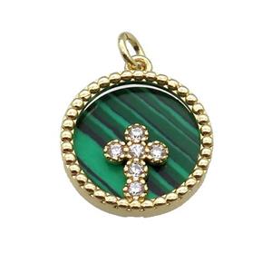 copper circle pendant pave zircon malachite Cross gold plated, approx 16mm dia [FN30498]