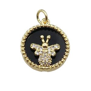 copper circle pendant pave zircon black stone Honeybee gold plated, approx 16mm dia [FN30501]