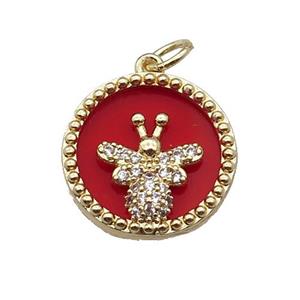 copper circle pendant pave zircon red stone Honeybee gold plated, approx 16mm dia [FN30502]