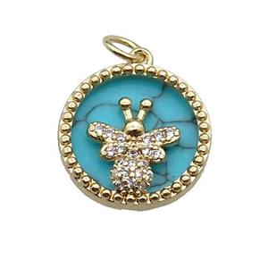 copper circle pendant pave zircon turquoise Honeybee gold plated, approx 16mm dia [FN30503]