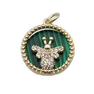 copper circle pendant pave zircon malachite Honeybee gold plated, approx 16mm dia [FN30504]