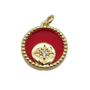 copper circle pendant pave zircon red stone Northstar gold plated, approx 16mm dia [FN30514]