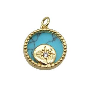 copper circle pendant pave zircon turquoise Northstar gold plated, approx 16mm dia [FN30516]