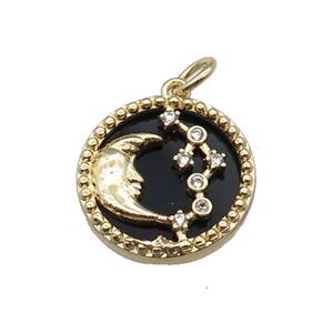 copper circle pendant pave zircon black stone Moon gold plated, approx 16mm dia [FN30519]