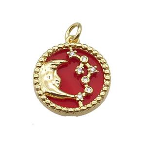 copper circle pendant pave zircon red stone Moon gold plated, approx 16mm dia [FN30520]