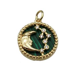copper circle pendant pave zircon malachite Moon gold plated, approx 16mm dia [FN30521]