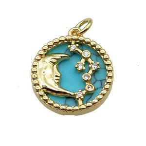 copper circle pendant pave zircon turquoise Moon gold plated, approx 16mm dia [FN30522]