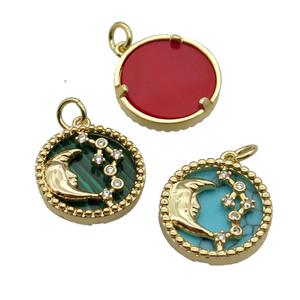 mix copper circle pendant pave zircon gemstone Moon gold plated, approx 16mm dia [FN30523]