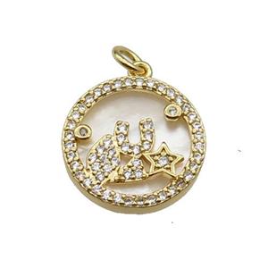 copper circle pendant pave zircon shell star gold plated, approx 16mm dia [FN30524]