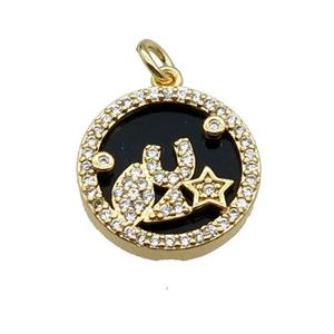 copper circle pendant pave zircon black stone star gold plated, approx 16mm dia [FN30525]