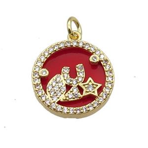 copper circle pendant pave zircon red stone star gold plated, approx 16mm dia [FN30526]