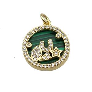 copper circle pendant pave zircon malachite star gold plated, approx 16mm dia [FN30527]