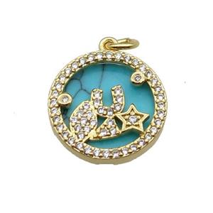 copper circle pendant pave zircon turquoise star gold plated, approx 16mm dia [FN30528]