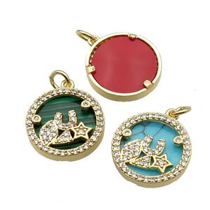 mix copper circle pendant pave zircon gemstone star gold plated, approx 16mm dia [FN30529]