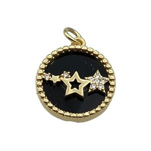 copper circle pendant pave zircon black stone star gold plated, approx 16mm dia [FN30531]
