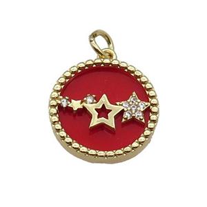 copper circle pendant pave zircon red stone star gold plated, approx 16mm dia [FN30532]
