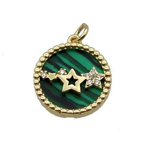 copper circle pendant pave zircon malachite star gold plated, approx 16mm dia [FN30533]