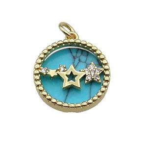copper circle pendant pave zircon turquoise star gold plated, approx 16mm dia [FN30534]