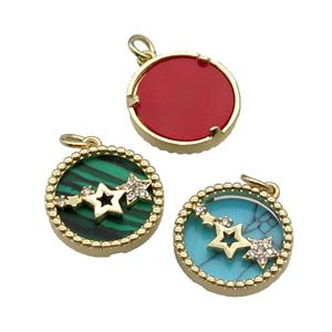 mix copper circle pendant pave zircon gemstone star gold plated, approx 16mm dia [FN30535]