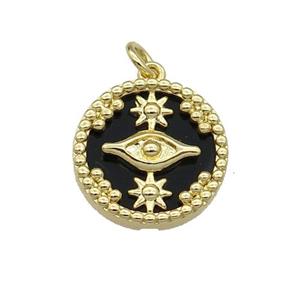 copper circle pendant pave black stone Eye gold plated, approx 16mm dia [FN30537]